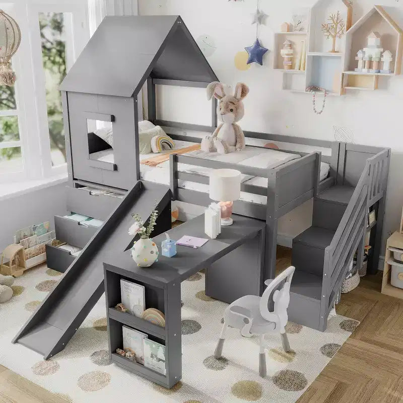 Twin Size Loft Bed with 3 Drawers & Storage Stair, Wooden House-style Bed Frame with Slide and Remevoable Desk