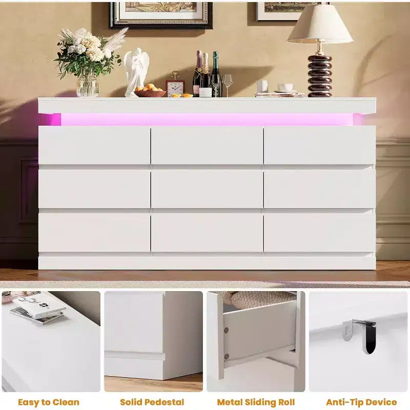 Acekool 9 Drawer Dresser with Ports and Outlets, 63 Inch Wide Chest of Drawers and TV Stand, Bedroom Storage Cabinet