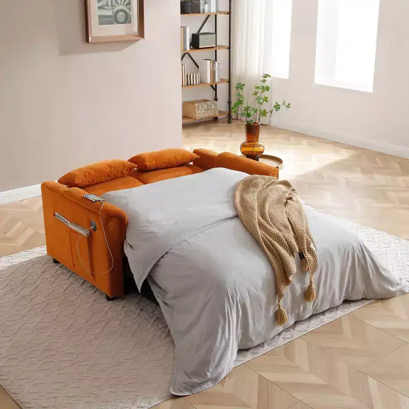 Convertible Sofa Bed Couch with Side Pockets & Adjustable Backrest, Velvet Upholstered Loveseat Sofa for Living Room, Bedroom