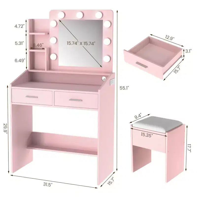 Vanity Desk with Mirror and Lights, Makeup Vanity with Power Outlet & Cushioned Stool, 3 Lighting Modes Adjustable Brightness, Dressing Table