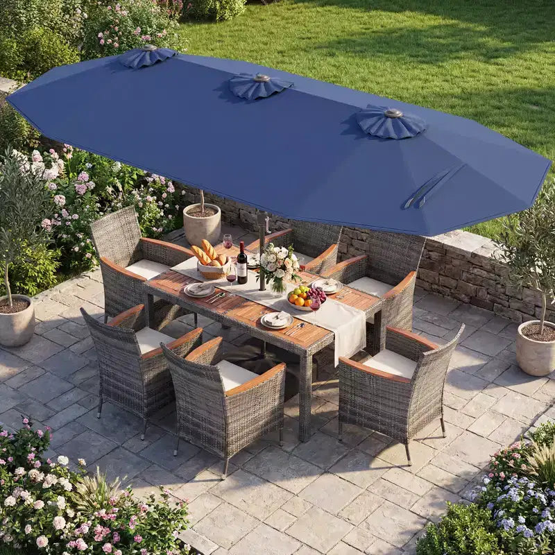 Gymax 8-Piece Patio Dining Set w/ Double-Sided Market Umbrella Acacia Wood Top