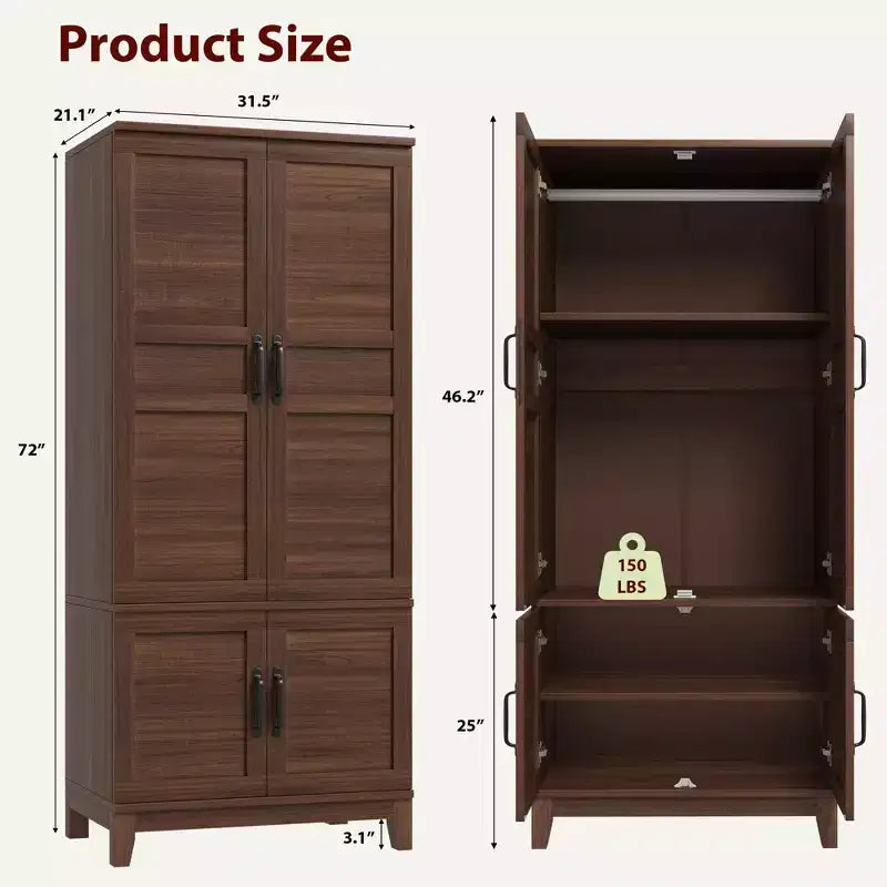 Armoire Wardrobe Closet with 4 Doors,72 in Wooden Wardrobe Cabinet with Hanging Rod, Freestanding Tall Clothing Armoire Storage Cabinet