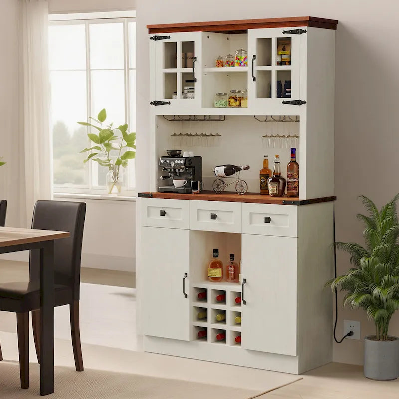 72" Kitchen Pantry Cabinet with Wine Rack, 3 Drawers & Charging Station