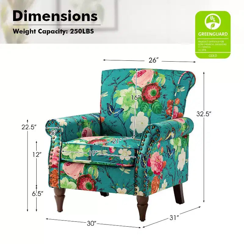 Traditional Wooden Upholstered Floral Armchair with Wingback and Nailhead Trim