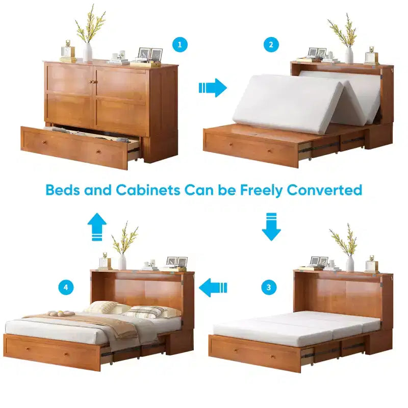 Murphy Bed Cabinet, Modern Murphy Bed Queen with Mattress, Built-in USB Charging Station & Drawers