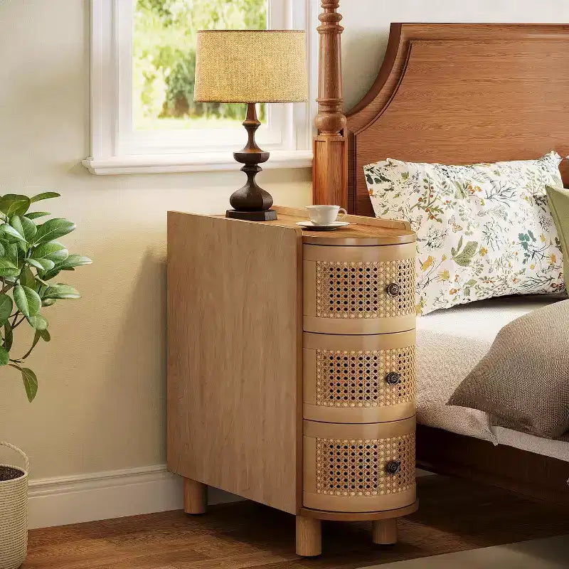 Lantine Solid Wood End Table with 3 Rattan Drawers and Exquisite Embossed Handles, No Assembly Required