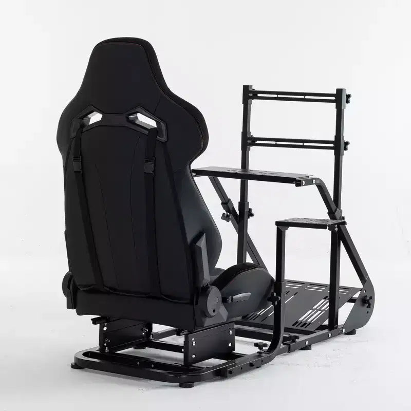 Black Steel Racing Wheel Cockpit Frame, Single Seat, Adjustable Simulator Rig