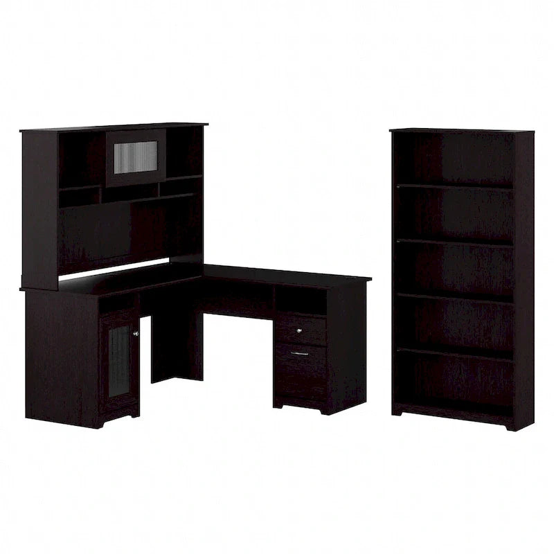 60" L-Shaped Computer Desk with Hutch, 5-Shelf Bookcase & File Drawer, 200 lb Desktop Capacity