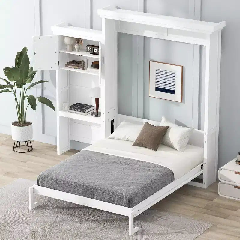 Queen Size Murphy Bed with Storage Shelves and Louvered Cabinet