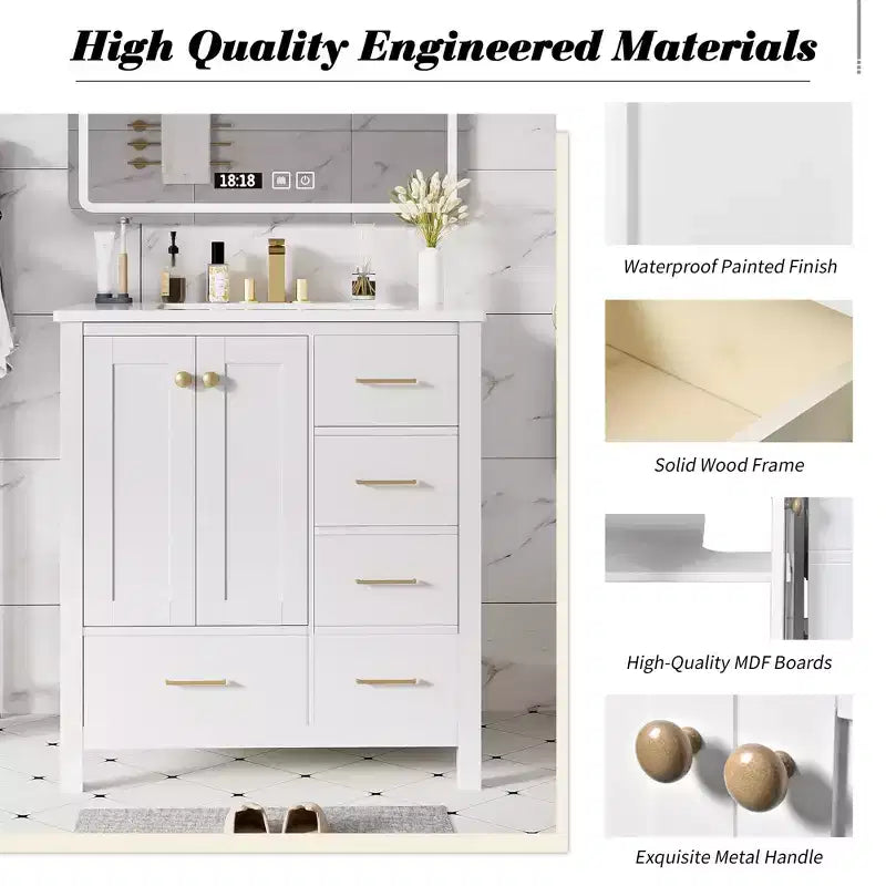 30-Inch Bathroom Vanity with Sink, Storage Drawers & Soft-Close Doors