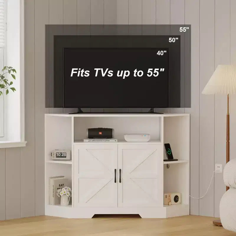TROPOW Corner Tv Stand for Tvs Up to 55 Inch with Power Outlet, Entertainment Center, Wood Tv Media Console with Storage Cabinets Shelves , White