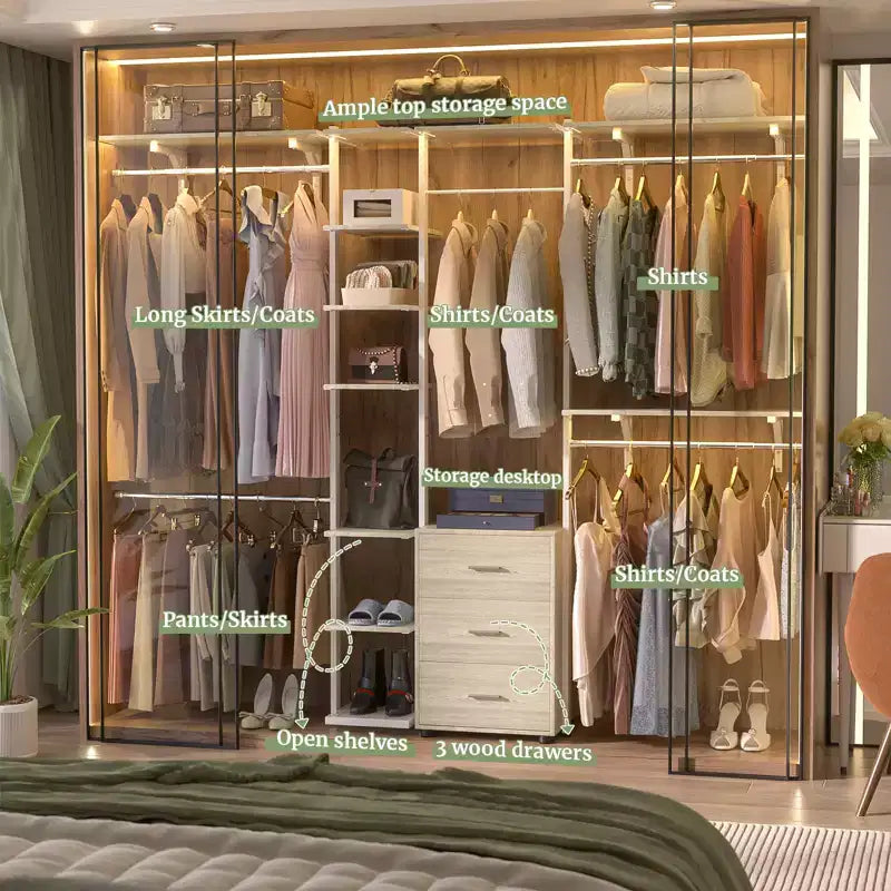 Closet Organizer System with Tower Shelving & 3 Drawers, 96"x80", 1200 lbs Capacity