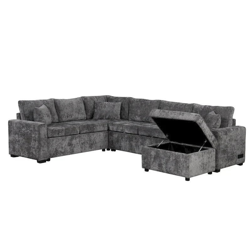 Chenille Sectional Sofa Pull-out Sofa Bed, L-Shape Sleeper Sofa with Storage Ottoman, 3 Pillows and Charging Devices