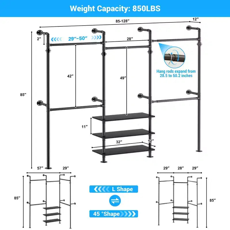 Besiost Industrial Pipe Clothing Rack, 7.3-10.9Ft Wall Mounted Closet System