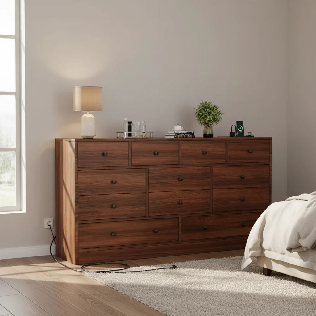 12 Drawer Dresser for Bedroom, 61 Inch Wood Dresser with Power Outlet, Wide Chest of Drawers