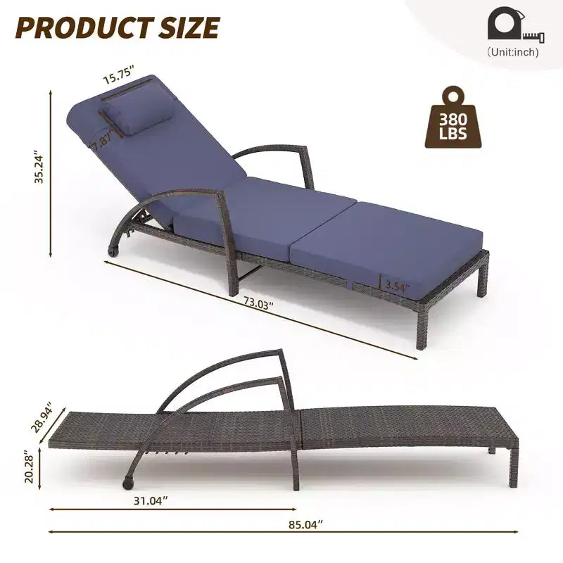 Coolmee Outdoor Chaise Lounge Set of 2 Rattan Patio Folding Chaise Lounge Adjustable 5 Position Back Patio Pool Lounge Chair with Cushion Pillow