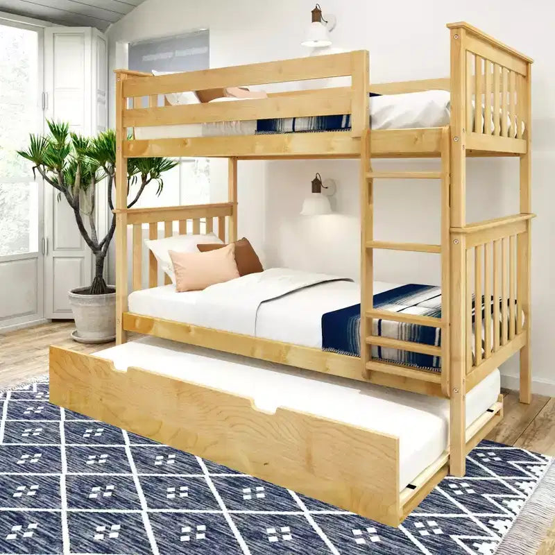 Twin over Twin Bunk Bed with Trundle, Solid Wood, Sleeps 3 – Blue / Espresso / Natural / Pecan / Walnut / White