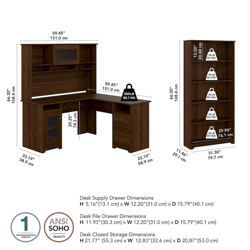 60" L-Shaped Computer Desk with Hutch, 5-Shelf Bookcase & File Drawer, 200 lb Desktop Capacity