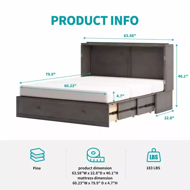 Murphy Bed Cabinet, Modern Murphy Bed Queen with Mattress, Built-in USB Charging Station & Drawers