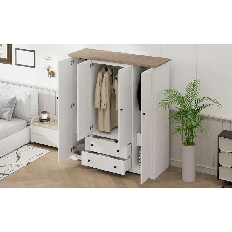 4 Door Wardrobe Armoire Closet with 2 Drawers, Freestanding Wardrobe Clothes Storage Cabinet with Hanging Rods