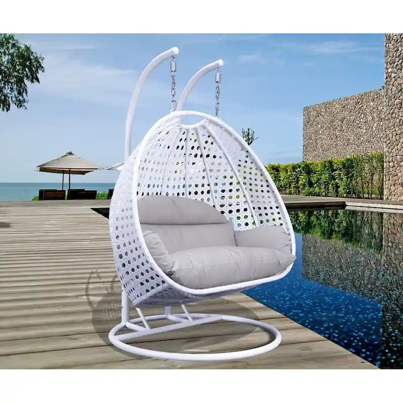 Egg-Shaped Hanging Swing Chair with Metal Stand, Wicker Frame & Cushion ¨C Beige / Charcoal Blue / White / Blue / Antique White / Brown / Canvas, Seats 2