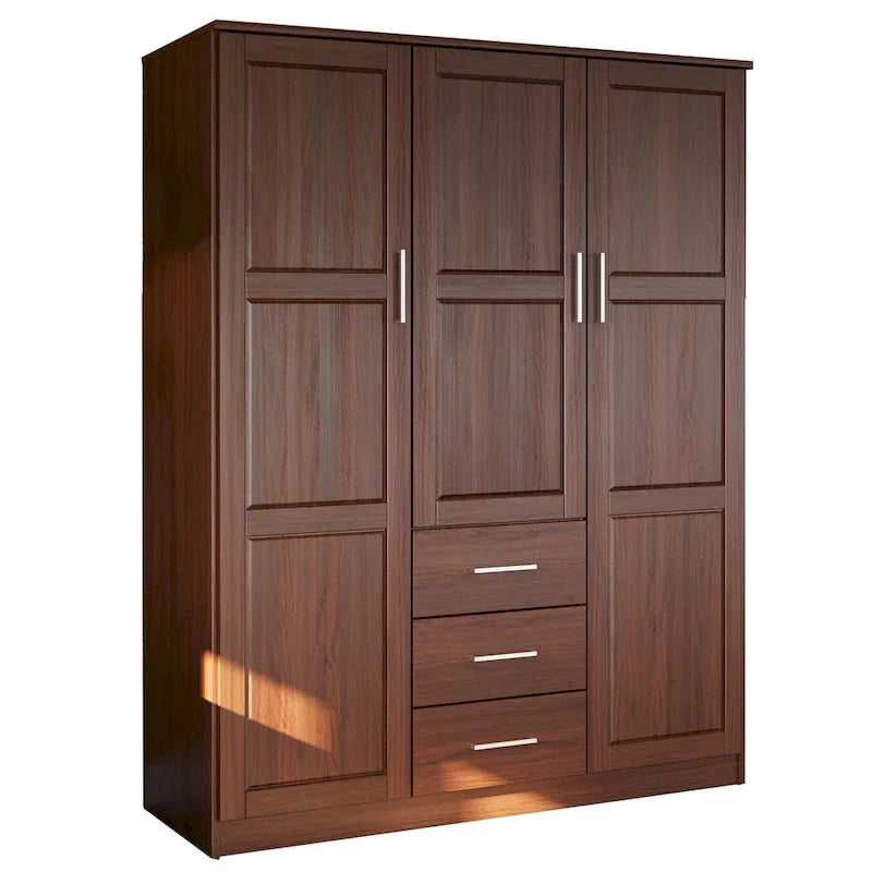 3-Door Solid Pine Wood Wardrobe Armoire, 72"H x 56"W, Mirrored or Panel Door, 3 Clothing Rods