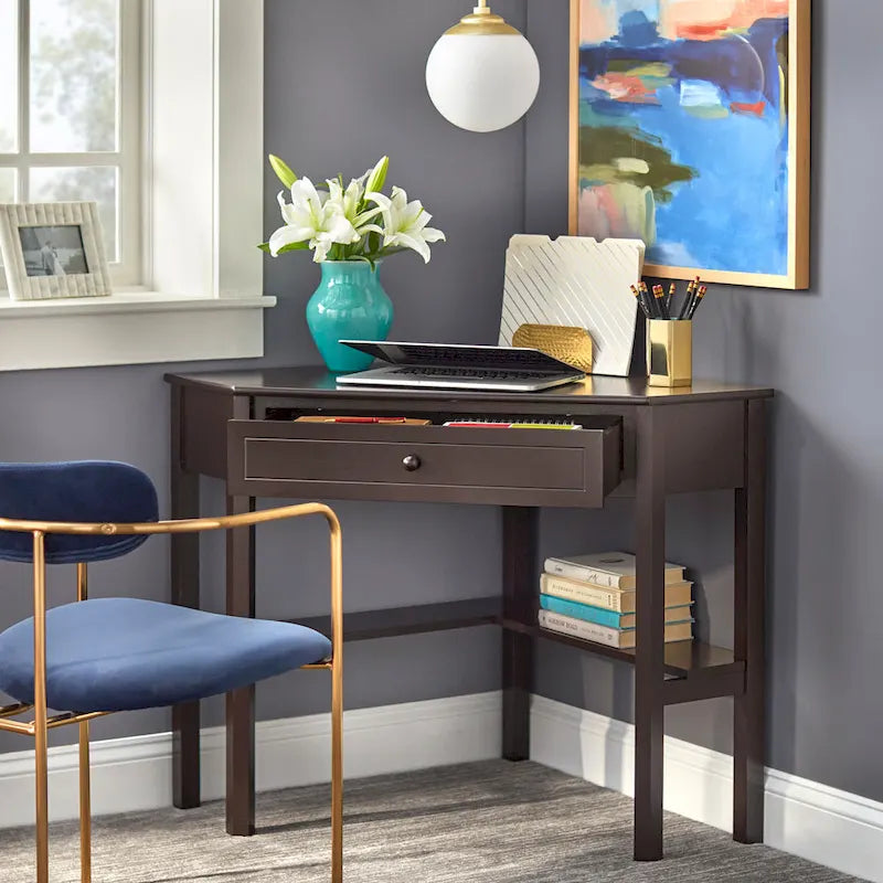 Corner Computer Desk with Drawer & Lower Shelf, Solid Wood & MDF, 42"W x 28"D x 30"H