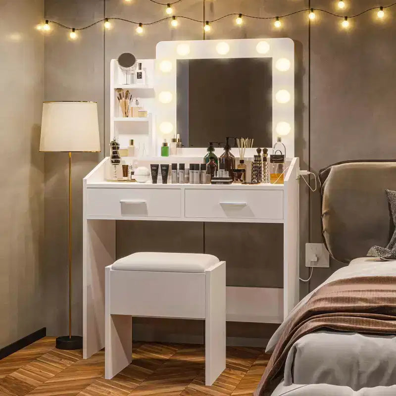 Vanity Desk with Mirror and Lights, Makeup Vanity with Power Outlet & Cushioned Stool, 3 Lighting Modes Adjustable Brightness, Dressing Table