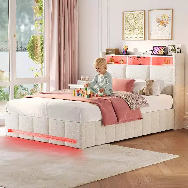 Greenstell Upholstered Lift Storage Bed with LED Lights & Charging Station, Modern Platform Bed, Heavy Duty Wooden Slats