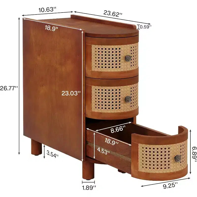 Lantine Solid Wood End Table with 3 Rattan Drawers and Exquisite Embossed Handles, No Assembly Required