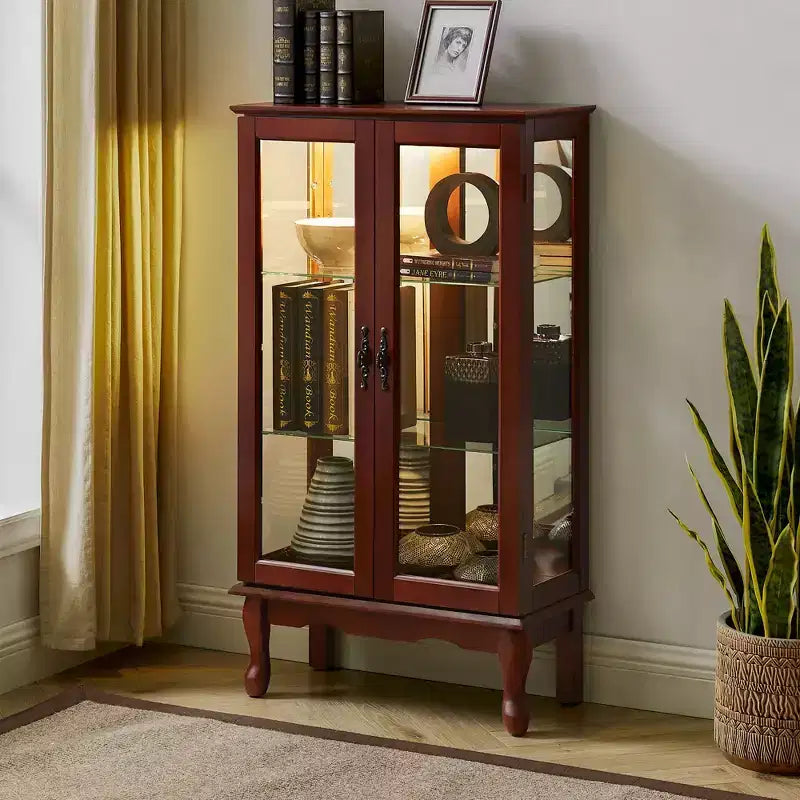 Okak Curio Cabinet with 2 Tempered Glass Doors, Diapaly Cabinet with 3 Adjustable Shelves and Mirrored Back Panel, Cabinet for Living Room