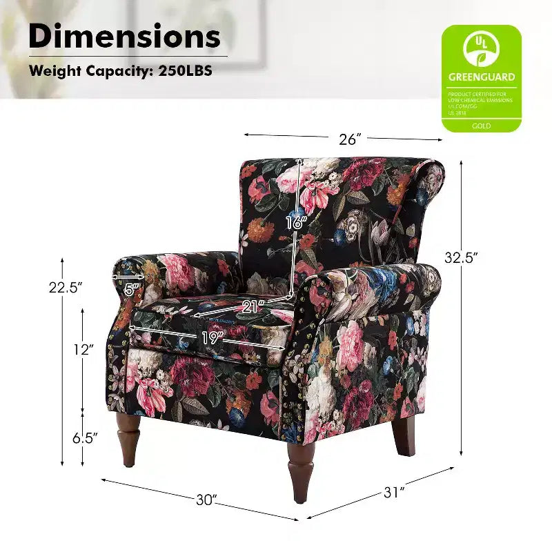 Traditional Wooden Upholstered Floral Armchair with Wingback and Nailhead Trim