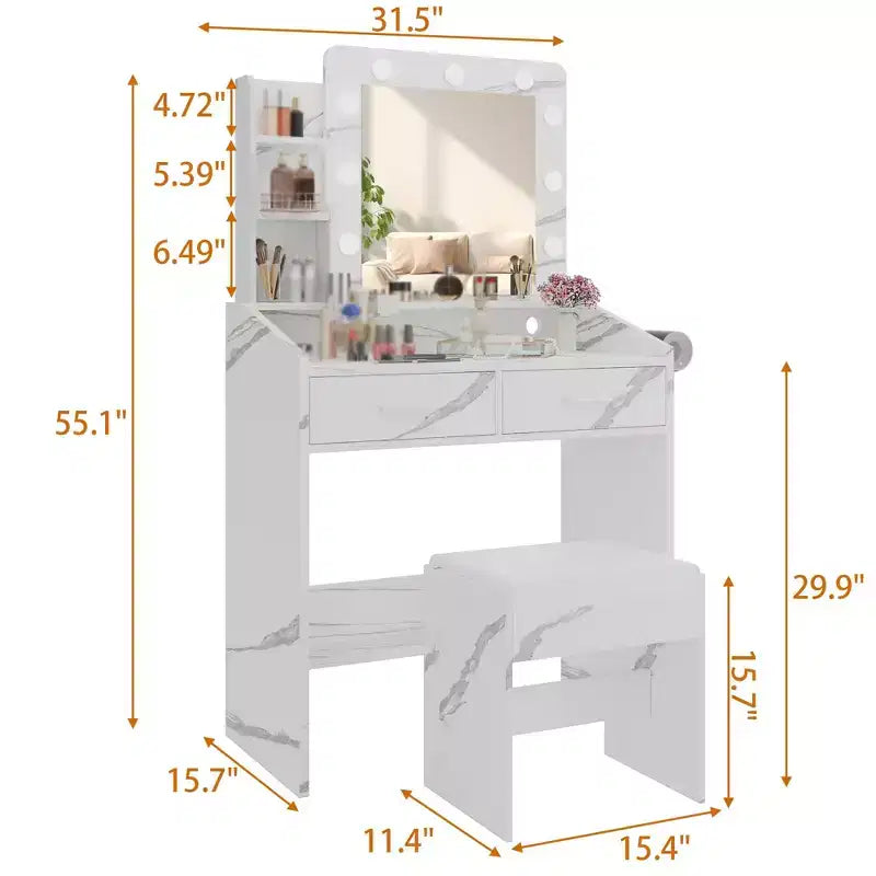 Vanity Desk with Mirror and Lights, Makeup Vanity with Power Outlet & Cushioned Stool, 3 Lighting Modes Adjustable Brightness, Dressing Table