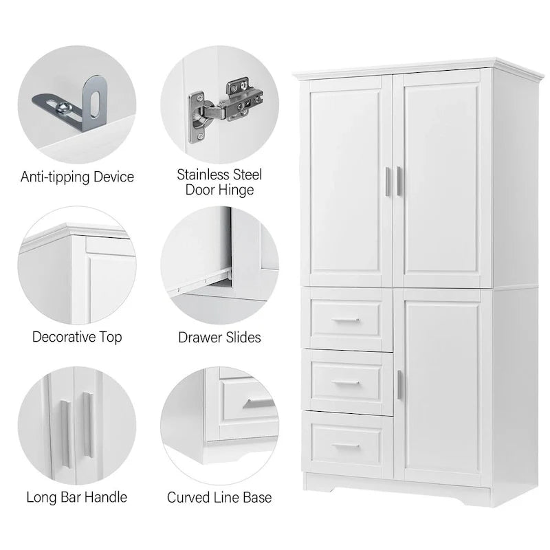 Tall and Wide Storage Cabinet with Doors for Bathroom/Office, Three Drawers