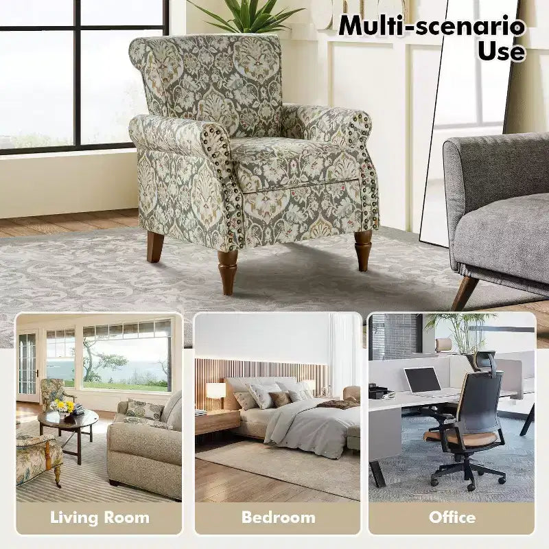 Traditional Wooden Upholstered Floral Armchair with Wingback and Nailhead Trim