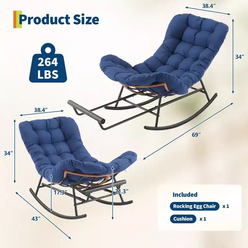 Oversized Rocking Chair with Footrest, Upholstered Lounge Chair with Metal Frame, Patio Reclining Chair for Patio Backyard Bedroom Garden