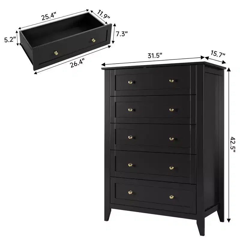 Tall 5 Drawer Dresser with Deep Drawers Metal Knobs Modern Wooden Chest of Drawers for Bedroom Entryway Hallway