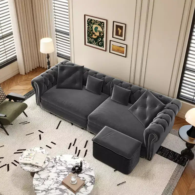 3-in-1 Pull-Out Sofa Bed, King Size Convertible Sleeper Sofa with Chaise & Movable Ottoman, Velvet Tufted 3-Seater Couch, Charcoal Gray