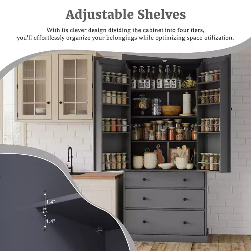 Freestanding Kitchen Pantry Organizer, Cabinet with 3-Adjustable Shelves, 3-Drawers, 8-Door Inner Shelves