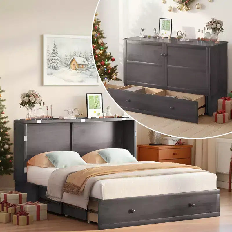Murphy Bed Cabinet, Modern Murphy Bed Queen with Mattress, Built-in USB Charging Station & Drawers