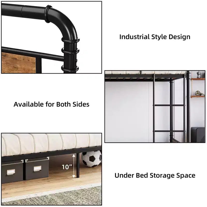 Twin Bunk Bed, Heavy Duty Industrial Metal Bunkbeds with Safety Guard Rails, Convertible to Two Beds