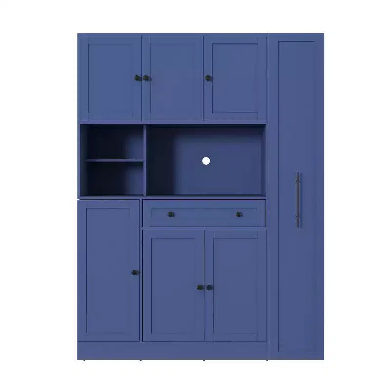 Kitchen Pantry Cabinet with Hutch and Pull-Out Side Cabinet