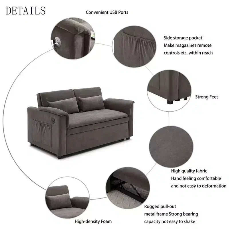 Convertible Sofa Bed Couch with Side Pockets & Adjustable Backrest, Velvet Upholstered Loveseat Sofa for Living Room, Bedroom