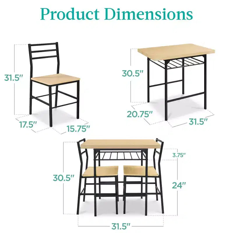 Best Choice Products 3-Piece Modern Dining Set, Square Table & Chairs Set w/ Steel Frame, Built-In Storage Rack