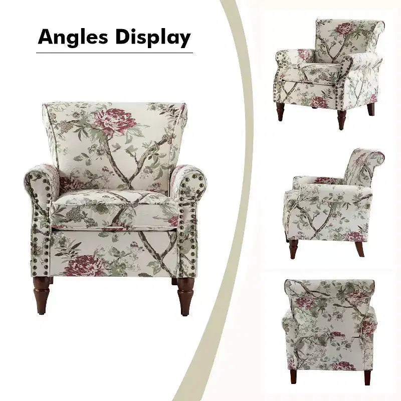 Traditional Wooden Upholstered Floral Armchair with Wingback and Nailhead Trim