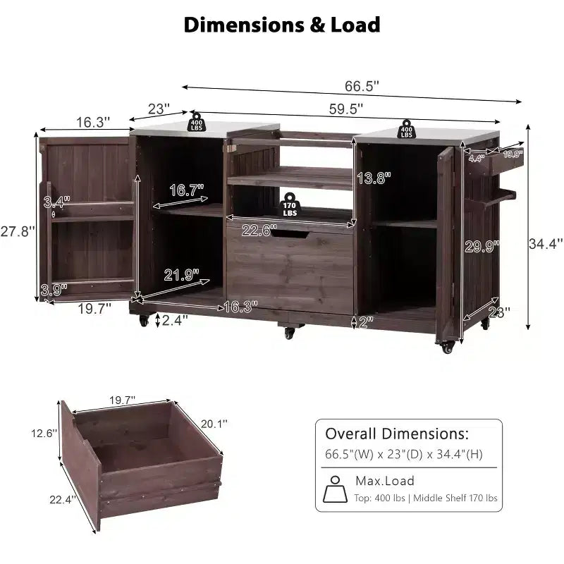 Okak Outdoor Kitchen Island with Steel Top & Rack,Solid Wood Grill Cart for Big Green Egg Grills,Storage Cabinet Dining Table