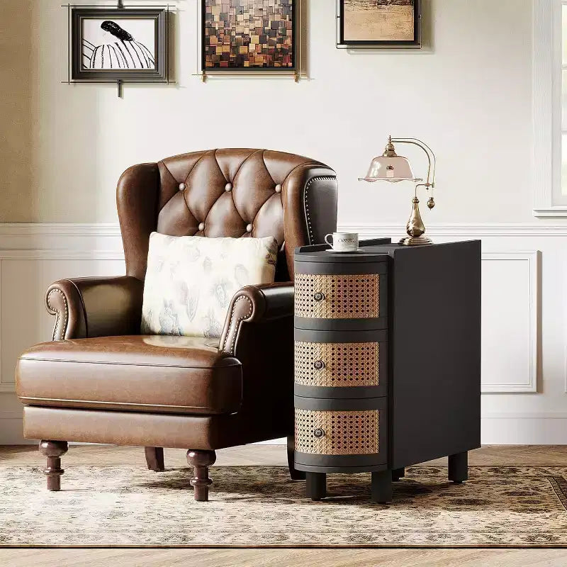 Lantine Solid Wood End Table with 3 Rattan Drawers and Exquisite Embossed Handles, No Assembly Required