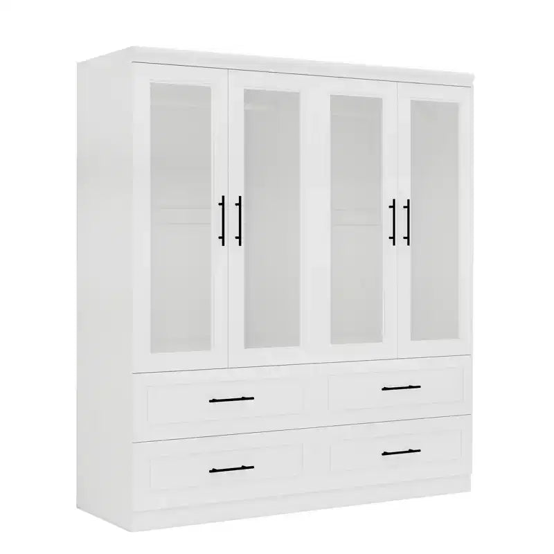 White Wood 63-Inch Armoire with 4 Drawers and 4 Doors, Bedroom Wardrobe Cabinet