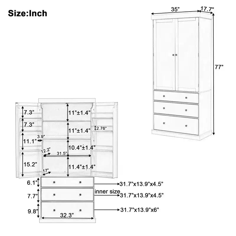 Freestanding Kitchen Pantry Organizer, Cabinet with 3-Adjustable Shelves, 3-Drawers, 8-Door Inner Shelves