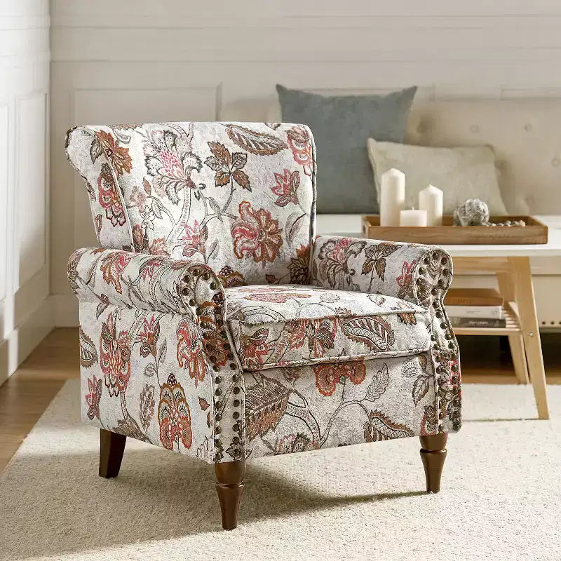 Traditional Wooden Upholstered Floral Armchair with Wingback and Nailhead Trim